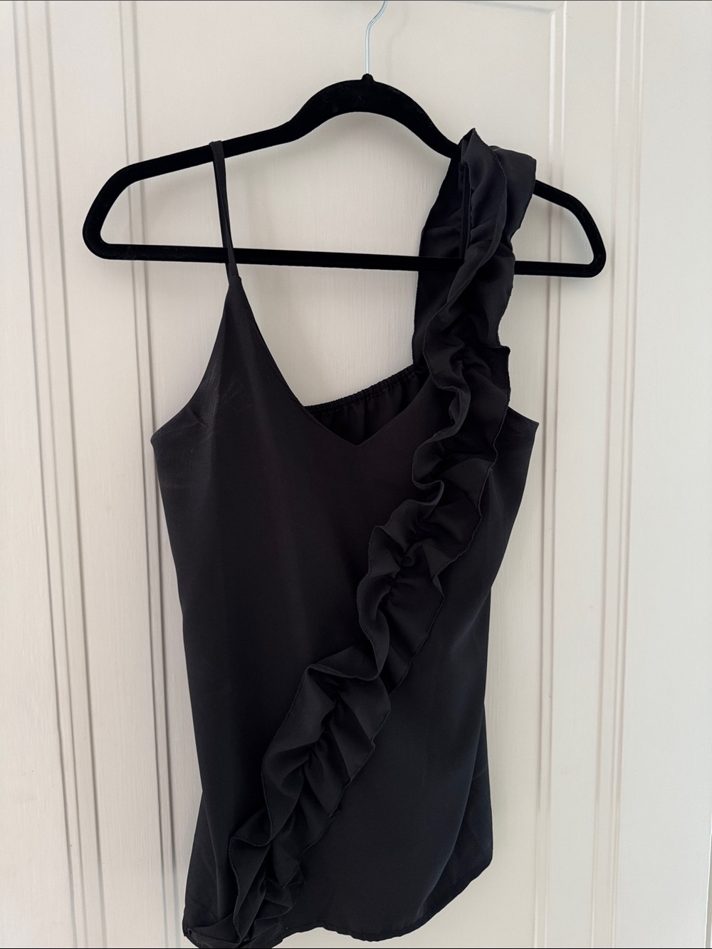 Black One-Shoulder Ruffle Satin Cami